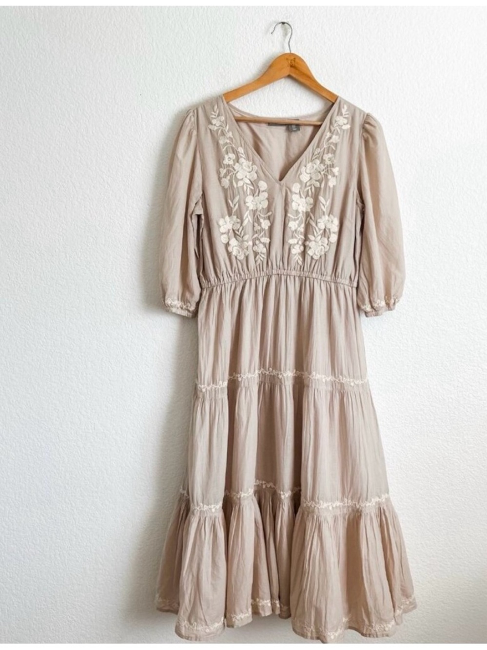 Lucky Brand Size Medium Peasant Cottage Core Embroidered Tiered Maxi Dress